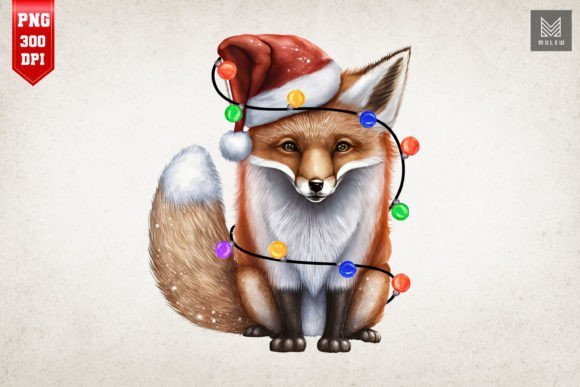 Cute Fox in Santa Hat Watercolor for Holiday Crafts