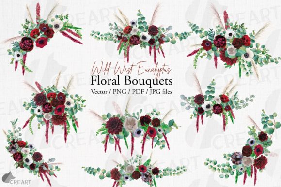 Elegant Burgundy Flower Bouquets with Eucalyptus Print Templates for Handmade Business Design