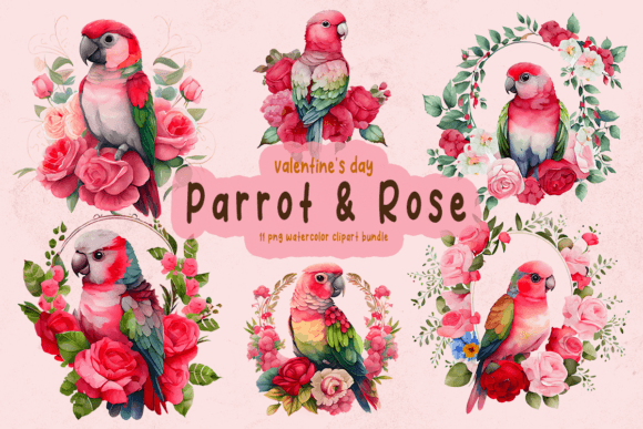 Parrot Rose Valentines Day Clipart for Crafty Content Creators