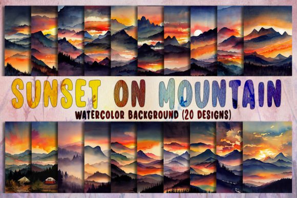 Sunset on Mountain Watercolor Background for Crafters