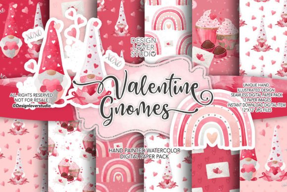Valentine Rainbows Gnomes Digital Paper for Creative Sellers