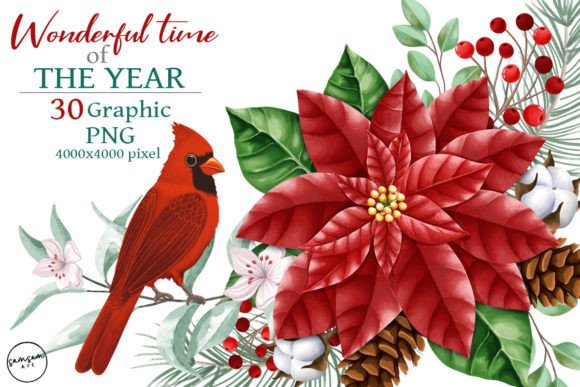 Watercolor Christmas Cardinal Hand Drawn for Crafts